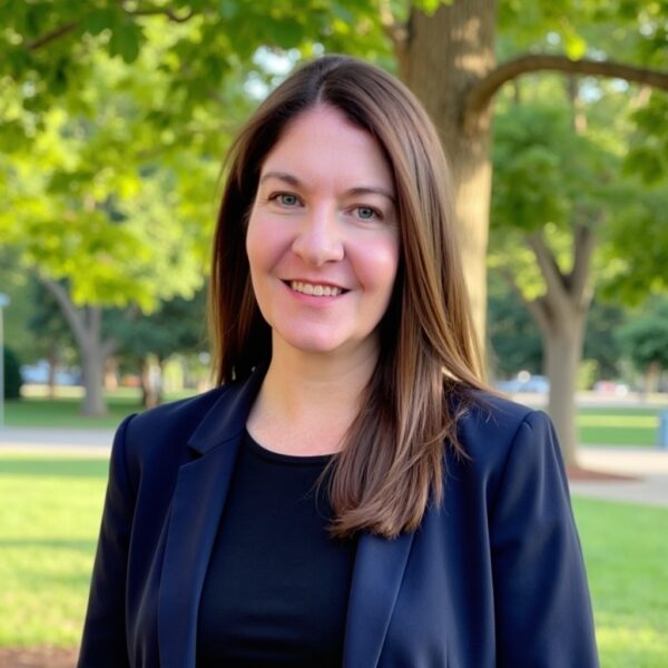 Hayley, a woman with long light-brown hair, smiles at the camera. She is wearing a navy blazer over a black top and there are some blurred trees in the background.