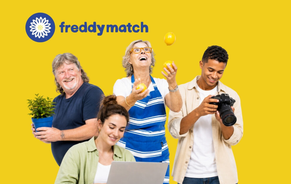 Four people close together smiling against a bright yellow background. A man on the left holds a pot plant, a woman in the centre juggles lemons, a man on the right looks at a camera, and a sitting woman is looking at a laptop in front of her. In the top left corner, the 
