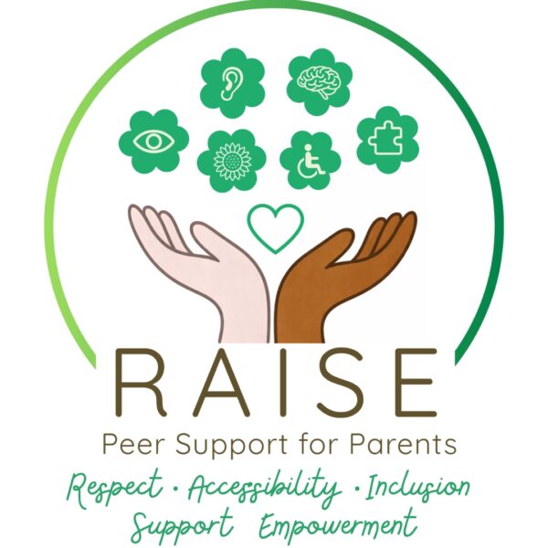 Graphic reading “RAISE – Peer Support for Parents” with icons representing disability, inclusion and care, and the words Respect, Accessibility, Inclusion, Support and Empowerment.