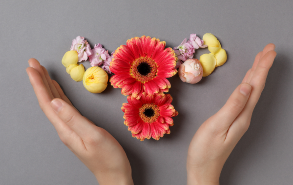 Two hands spread outwards on a grey surface with a flower arrangement resembling a uterus between the hands.